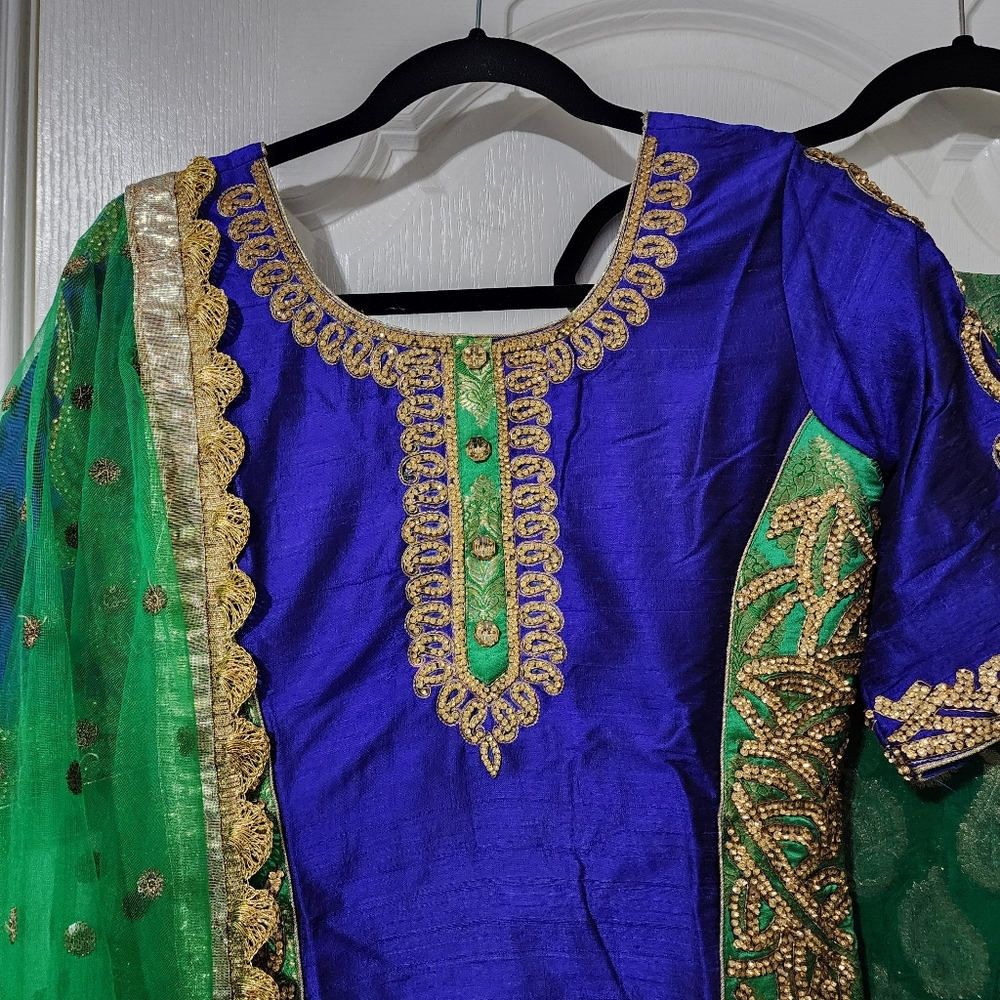 Punjabi Style Royal Blue & Green Raw Silk Suit - Size 38